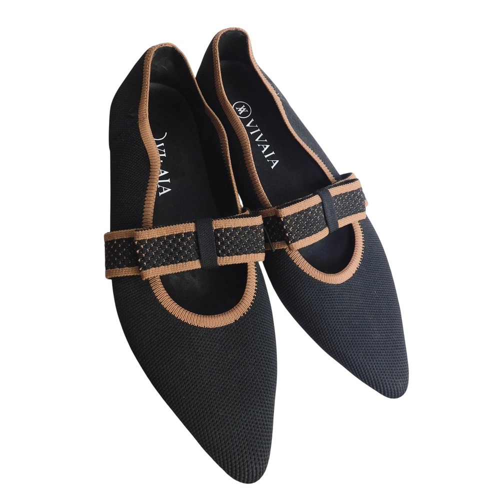Vivaia Daphne Bowtie Mary Jane Ballerina Flats Black Tan Pointed Toe EU 39